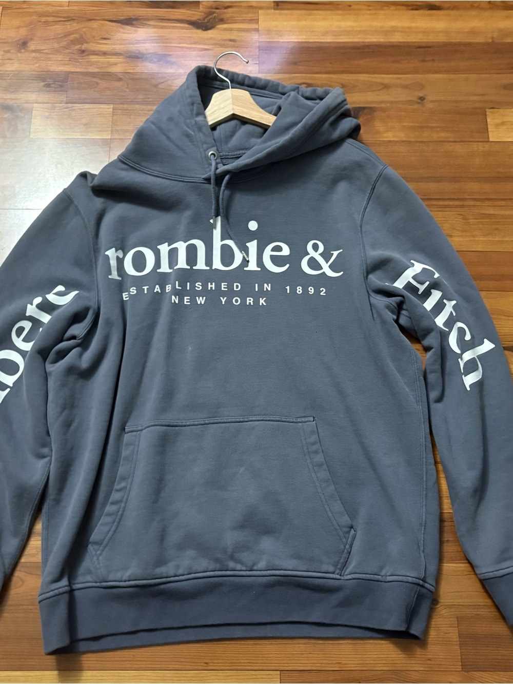 Abercrombie & Fitch Men's Charcoal Gray Logo Crewneck Hoodie